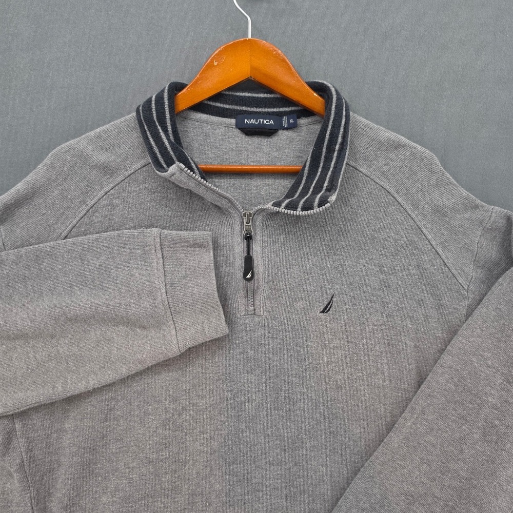 Nautica Mens XL Gray Quarter Zip Pullover Cotton Striped Collar Sweatshirt